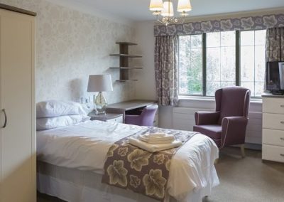 Well-appointed bedroom with large window, desk area and armchair in a calm, neutral setting.