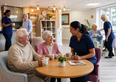 Alt text: Residents and care staff enjoying conversation together in a bright communal café-style lounge setting.