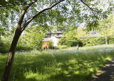 Lush garden grounds with trees, open meadow area and pathways surrounding the care home building.