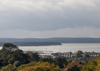 Panoramic view over the harbour and coastline with autumn trees in the foreground and boats visible on the water.