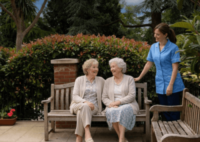 Two residents seated on a garden bench chatting with a care team member in a landscaped courtyard.
