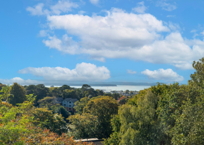 Scenic sea view across treetops and rooftops with blue sky and soft clouds over the coastline.
