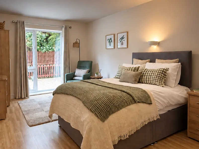 A bedroom with patio doors and double bed